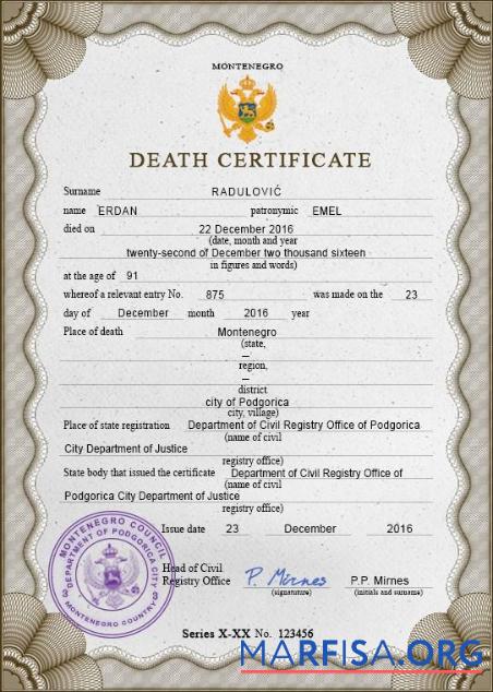 Printable Montenegro vital record death certificate PSD template
